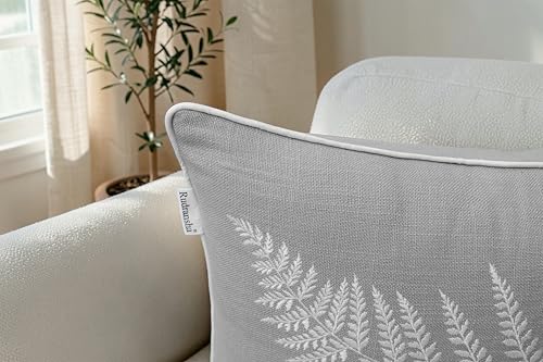 Rudransha Botanical Fern Leaf Embroidery Lumbar Pillow Cover - 14x24 Light Grey Cotton - color: Light Grey-ferny, size: 24" x 14" (Pack of 1)
