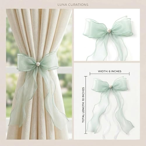 White Lace Bow Curtain Tiebacks 6-Pack, Vine Floral Curtain Holdbacks - color: Sage Green