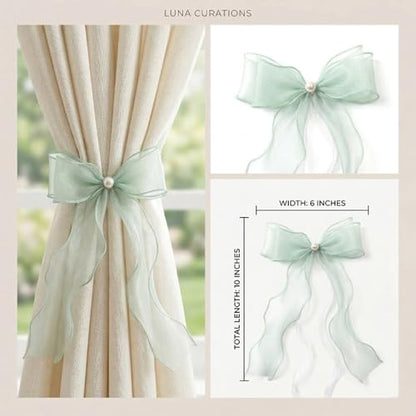 White Lace Bow Curtain Tiebacks 6-Pack, Vine Floral Curtain Holdbacks - color: Sage Green