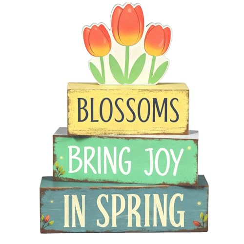 Spring Decoration Wooden Tiered Tray Decor – Tulip Blossoms Spring Stacked Block Sign with Floral Accent – Farmhouse Tabletop Spring Decor for Shelf Mantel Seasonal Home Display - style: Tulip