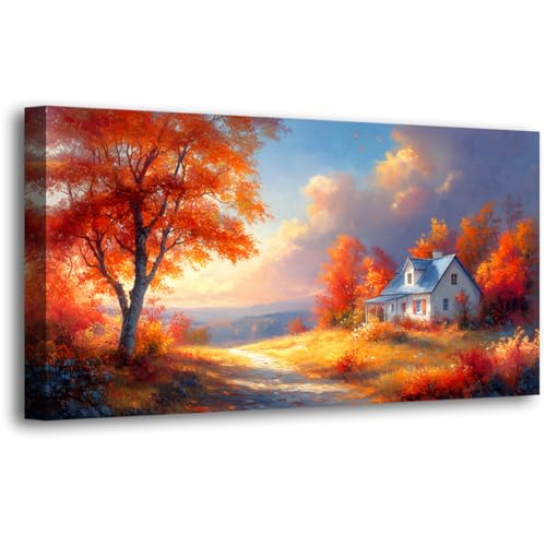 Village House Red Tree Canvas Wall Art Bedroom Wall Decor Living Room,Autumn Scenery Wall Art Office Kitchen Paintings Artwork Modern Abstract Pictures Art Prints Waterproof Ready to Hang-20x40inch - color: Autumn Village House Red Tree, size: 40"L x 20"W