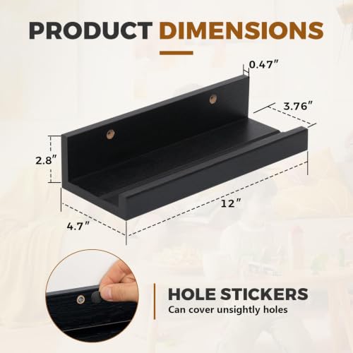Muzilife 12" Small Floating Shelves Wood Wall Shelf with Lip, 4Pcs, Black - color: Black, size: 12"-4pcs