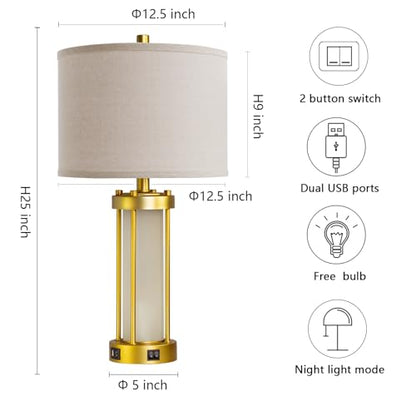 RORIA Modern Table Lamps for Living Room Set of 2 with 2 USB Ports - color: Gold