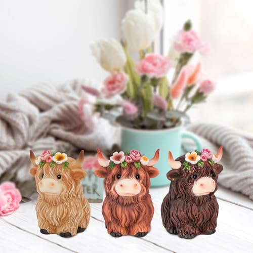 nuvagiki Highland Cow Decor Set of 3, Spring Farmhouse Highland Cow Figurines with Flower Crown, Cow Tiered Tray Decorations for Home Kitchen Table, Rustic Country Shelf Decor, Cow Gifts for Women