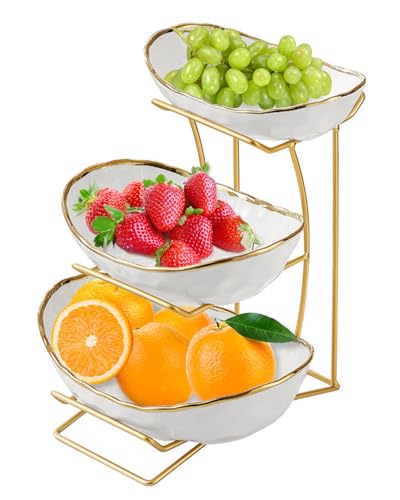 Fruit Bowl for Kitchen Counter, 3-Tier Fruit Basket, Ceramic Fruit Bowl with Metal Stand for Fruit, Vegetable Storage, Snack, Nuts, Dessert, Cake, Stylish & Cute