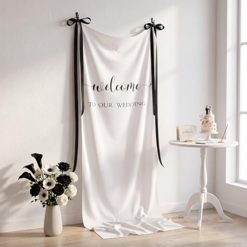 Tingjoo 27x78" Wedding Banner White, Black Backdrop Bow Hanging - color: White, Black, style: Wedding