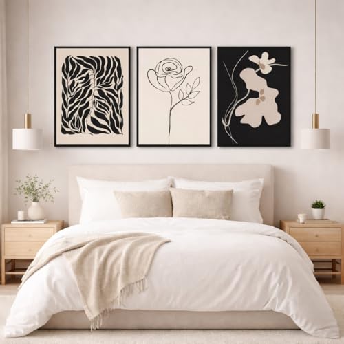 Abstract Botanical Framed Wall Art, 3 Piece Boho Line Art Set, 12x16 - color: beige111, size: 12x16 inch