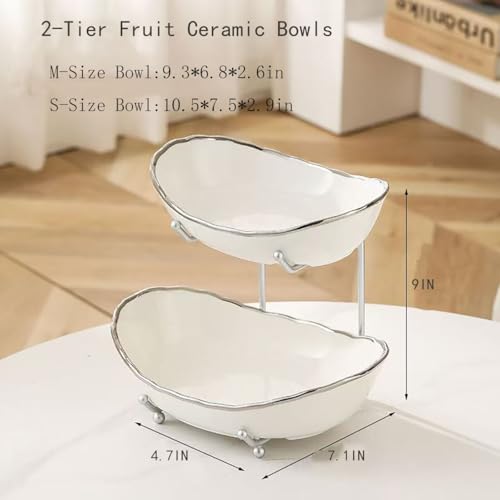 2-Tier Fruit Bowls for Kitchen Counter,Ceramic White Bowl with Silver Metal Stand,2 Tier Fruit Basket for Fruit,Snack,Cake,Nuts,Dessert Space Saving Storage - color: Silver&White