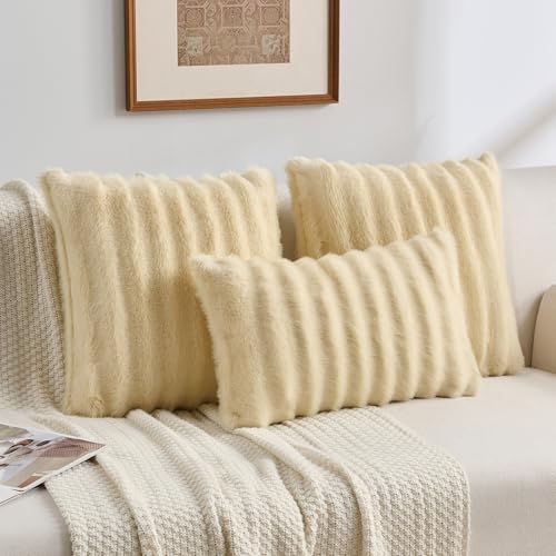 FUTEI Pack of 2 Faux Mink Fur Throw Pillow Covers 16x16 Inch, Beige - color: Beige, size: 16" x 16" (Pack of 2)