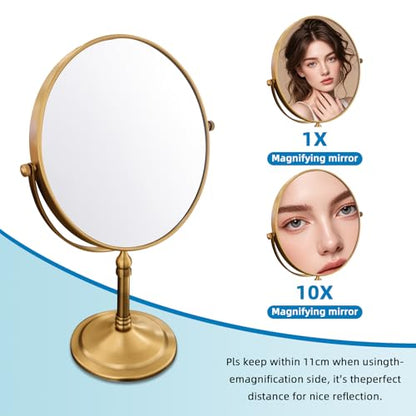 Antique Brass Makeup Mirror 1X/10X Free Standing 8 Inches 360 Swivel Dual-Sided Tabletop Makeup Mirror, Metal - color: Antique Brass Without Light