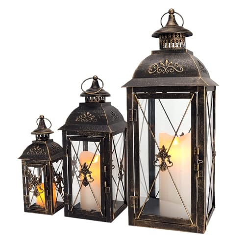 TRIROCKS Set of 3 Decorative Hanging Lantern 9.5/13.5/19" High Vintage Metal Candle Holder with Tempered Glass Perfect for Living Room Garden Yard Patio Parties Events Indoors Outdoors (Black) - color: Black, size: Set of 3