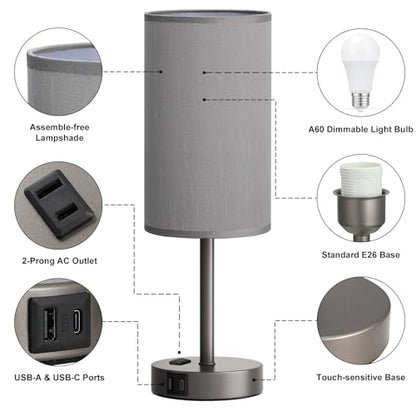 Fenmzee 17.4" Grey Lamp for Bedroom - Dimmable Touch, USB A+C, AC Outlet - color: Grey - Grey, size: 17.4"