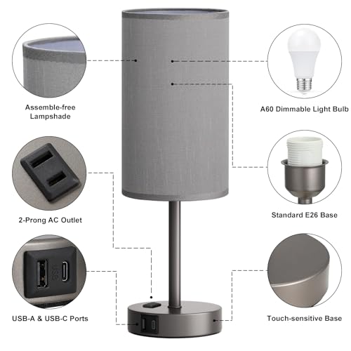 Fenmzee 17.4" Grey Lamp for Bedroom - Dimmable Touch, USB A+C, AC Outlet - color: Grey - Grey, size: 17.4"