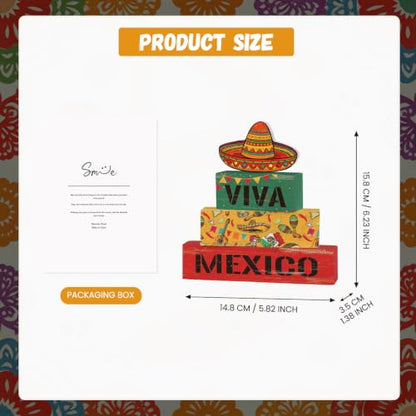 Smile Mexican Independence Day Wooden Block Decor Set Viva Mexico Sombrero Tiered Tray Tabletop Signs for Home and Party Decor - style: Mexico
