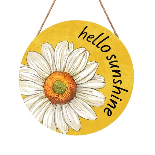 Spring Summer Daisy Flower Front Door Sign Hello Sunshine Floral Wood Door Hanger Outdoor Outside Porch Decor Seasonal Wooden Wreath Farmhouse Indoor Wall Hanging Decoration for House 12"x12" - color: Hello Sunshine-Daisy Flower