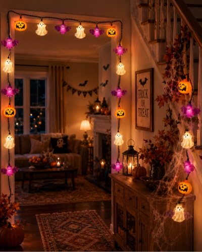 8.5FT Halloween Pumpkin Bat Ghost Lights, Plug-in 10 LED Decor - color: Pumpkin Ghost Bat Lights