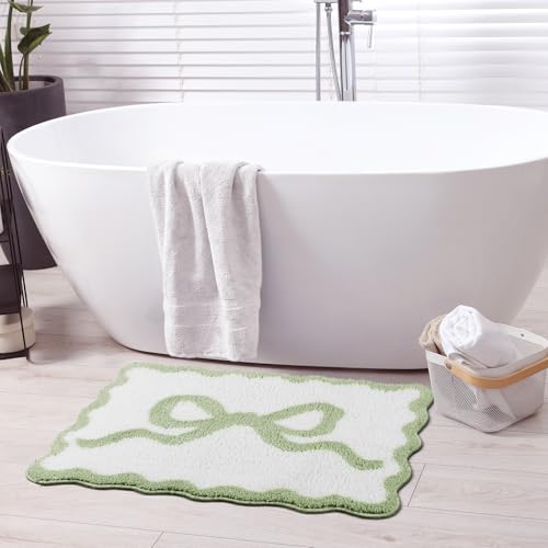 Tinideya Sage Green Bow Bathroom Rug 16" x 24" Scalloped Bow Bath Mat - color: Sage Green, size: 16" x 24" (Rectangular)