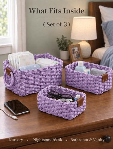 Small Wicker Baskets, 3 PCS Paper Rope Baskets for Shelves, Purple - color: Purple