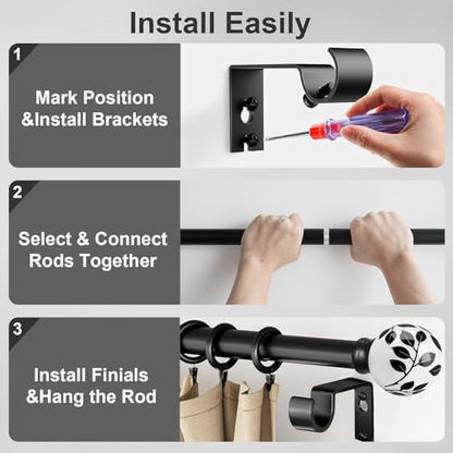 Ceramic Black Curtain Rods for Windows 16 to 60 Inches Drapery Rods - color: Ceramic Black, size: 16"-60"|1 Pack