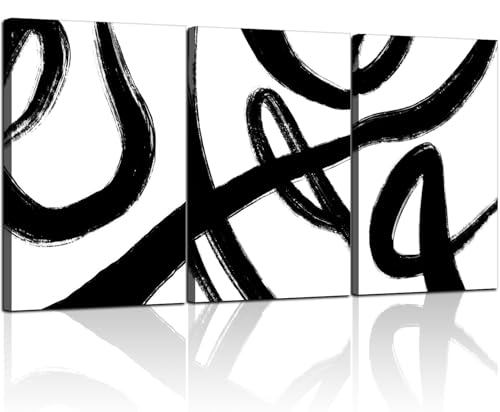 3Pcs Framed Abstract Black and White Canvas Wall Art Minimalist Brushstroke Line Prints Modern Home Gallery Style Picture Painting Posters Bedroom Living Room Office 12x16 Inch Ready to Hang - color: black and white Abstract lines, size: 12X16Inch