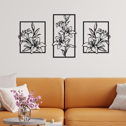 Set of 3 Lily Black Metal Wall Art Line Art Living Room Bathroom Home Decor | 3-Piece Matte Black Lily Metal Wall Sculpture, Floral Line Decor for Living Room Bedroom Bathroom, Ideal All-Occasion Gift