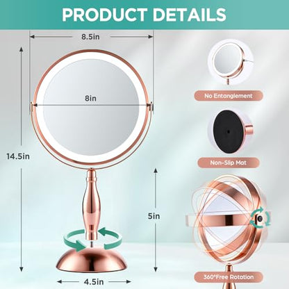 30X Makeup Mirror with Lights and Magnification-Rose Gold 8" Double Sided - color: Rose Gold