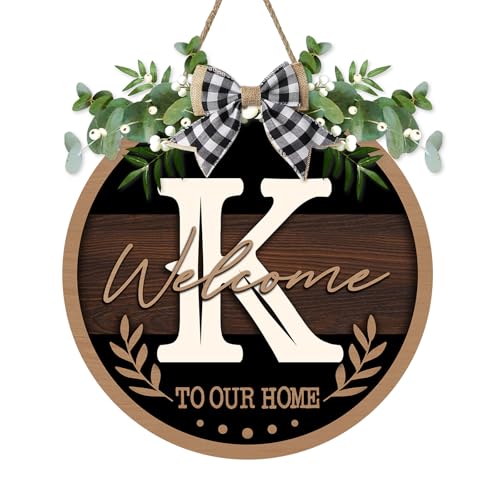 Monogram Letter K Front Door Sign, Welcome to Our Home Family Last - color: K