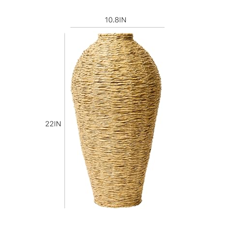 22 Inch Woven Faux Seagrass Floor Vase, Rustic Handcrafted Decorative Standing Urn, Large Indoor Tall for Dried Plants, Entryway Living Room Dining Home Decor