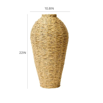 22 Inch Woven Faux Seagrass Floor Vase, Rustic Handcrafted Decorative Standing Urn, Large Indoor Tall for Dried Plants, Entryway Living Room Dining Home Decor