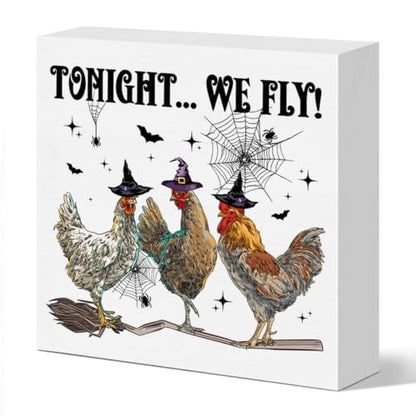 Funny Halloween Witchy Chicken Decor Tonight We Fly Wooden Box Sign - color: Chicken Halloween