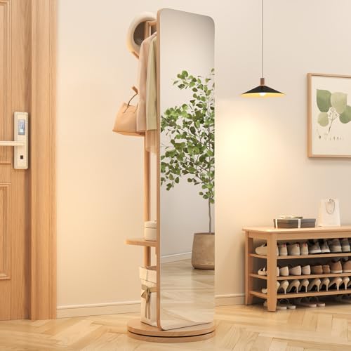 AnywaysWood 70"x19"Full Length Mirror with Stand,Coat Rack with Mirror,Solid Wood Floor Mirror,Swivel Mirrorfor Bedroom, Living Room, Cloakroom - color: Nature
