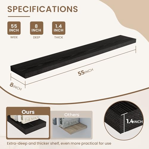 Dreamland 55 Inches Wall Mounted Wood Floating Shelves, Black, 2 Pack - color: Black, size: 55in