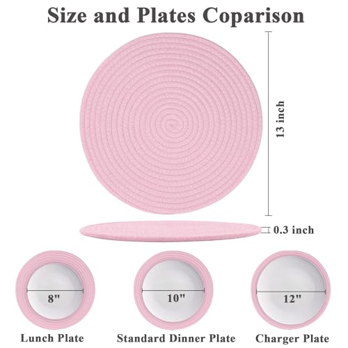 Round Placemats Set of 6, Cotton Rope Woven Table Mats, Hot Pads for Kitchen, Non Slip Heat Resistant Place Mats, 13 Inches Braided Placemat for Farmhouse Decor and Kitchen Table Decor (Pink) - color: Pink