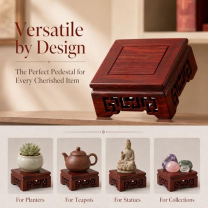 Wooden Vase Display Stand Solid Redwood Square Base Handicraft Wood Riser for Flower Pots and Buddha Statues Desktop Home Décor Pedestal
