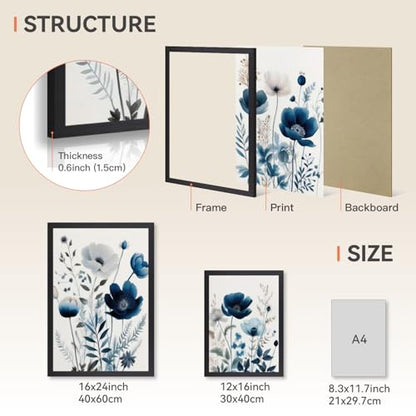 Grajoy Wood Framed Navy Blue Botanical Floral Wall Art 16x24 Inch Set of 3 - color: BlueFlower, size: 24"L x 16"W