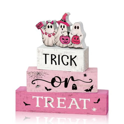 Smile Halloween Wooden Block Decor Ghosts Trick or Treat Pink Tiered Tray - style: Pink Halloween