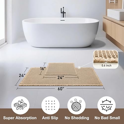 JIUZHEN Set of 2 Waffle Bathroom Rugs Non Slip Bath Mats, 16"x24"+24"x60" - color: Brown, size: 16"x24" + 24"x60"