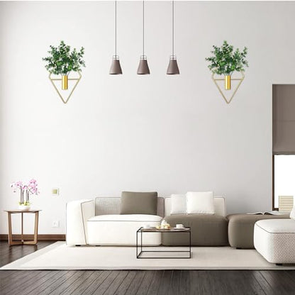 2 Pieces Diamond Shape Hanging Planters with Artificial Eucalyptus Plants Metal Vase Indoor Holder Modern Geometric Wall Decor for Home Living Room (Gold)