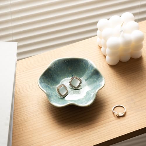 Ceramic Ring Dish, Jewelry Trinket Tray for Rings and Earrings - color: Cyan Surface
