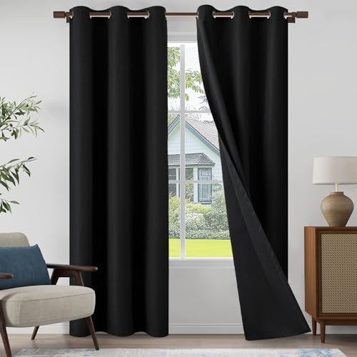 Light Weight Curtains 100% Blackout Linen Textured Curtains 96 Inch Length for Living Room, Bedroom, Full Blackout Curtains with Grommets Top, Black, 37" W x 96" L, 2 Panels - color: Black, size: 37"W x 96"L (Pack of 2)