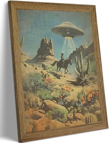 Vintage Western Alien UFO Wall Art Framed Canvas, Retro Sci-Fi Cowboy Abduction Poster, Desert Cactus Landscape Artwork Wall Decor for Living Room Bedroom Office 8x10 Inch - color: Alien Cowboy, size: 10"L x 8"W