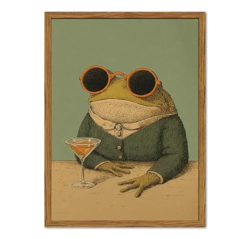 Framed Funny Frog Wall Art, Whimsical Frog with Cocktail Pictures Wall Decor, Vintage Quirky Animal Paintings Canvas Prints Eclectic Home Decor for Living Room Bedroom Bar 8x10 inch - color: Whimsical frog, size: 10"L x 8"W