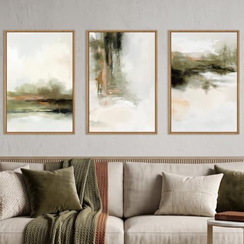 KAIRNE Green Brown Abstract Neutral Framed Canvas Wall Art Set-16"x24"x3 - color: Green Abstract Wall Art, size: 16"L x 24"W