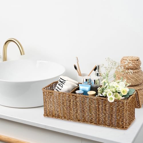 Sumnacon Wicker Storage Basket with Lid, Rectangle Bathroom Narrow Baskets - color: Brown