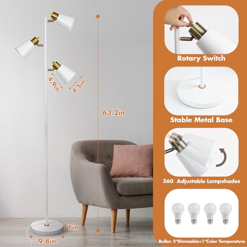 LALISU Tree Floor Lamp for Living Room, Industrial 3-Light Standing Lamp - color: White Gold