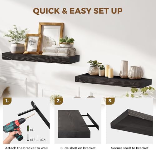 Solid Wood Floating Shelves, 24 Inch Wall Shelves, Set of 2, Black - color: Black, size: 24x8x1.6