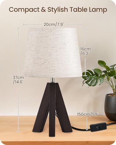 Small Table Lamp for Bedroom, 14.6" Bedside Lamp with Beige Linen Shade & Walnut Wood Tripod Base, Modern Nightstand Lamp for Living Room, Nursery, Entryway, E26 Socket, VE51TL05 - color: Beige+Dark Walnut