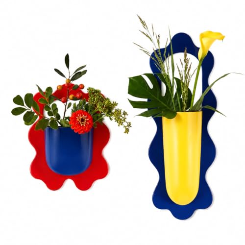 Wall Mount Flower Vase Detachable Metal Wall Plant Pot 2 Pack - color: Yellowred Navy