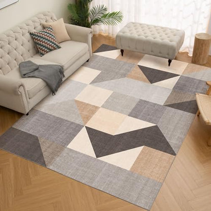 HOMFINE Washable Modern Area Rug - Geometry Style 4x6 Rugs for Living Room, Bedroom, Machine Washable Rug Soft Non Slip Non Shedding Area Rug - Grey Brown, 4'x6' - color: Grey/Brown, size: 4'x 6'(Rectangular)