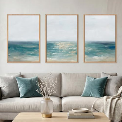 Aurlan Large Abstract Blue Coastal Framed Canvas Wall Art Set-24"x36"x3 - color: Abstract Blue Coastal Wall Art, size: 24"Lx36"W